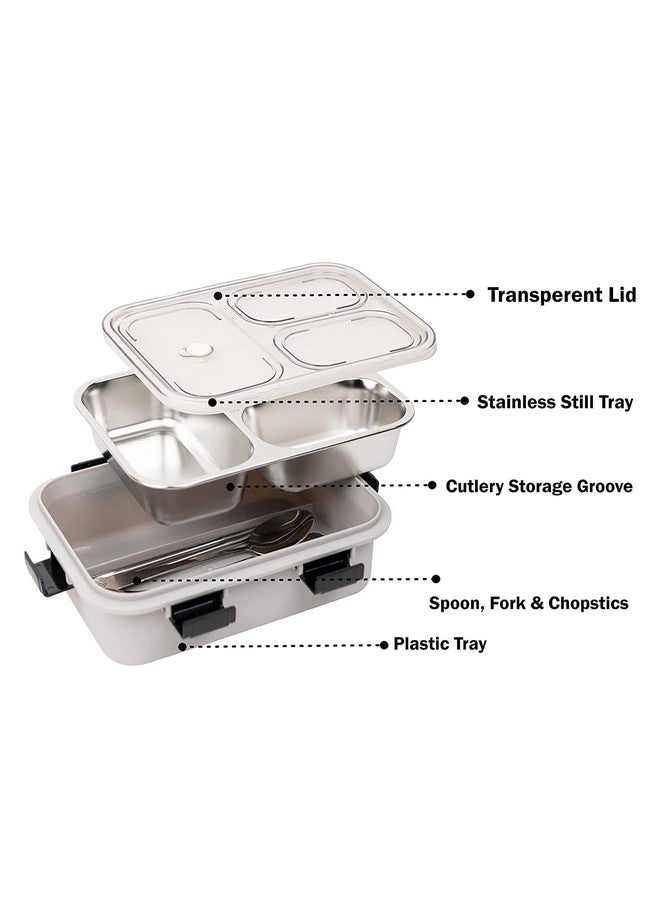 PRIME DEALS Lunch Box Sealed Leakage Proof Stainless Steel Lunch Box with Fork Chopstick&Spoon Lid Office Food Container for School Kids and Adults 750ml (Grey, 3 Compartment) - Image 2