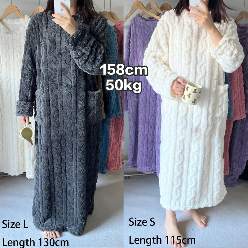 codcm Fleece Nightgown for Women Cozy Plush Long Sleeve Night Gowns Winter Warm Lounge Dress(Navy,Large) - Image 3
