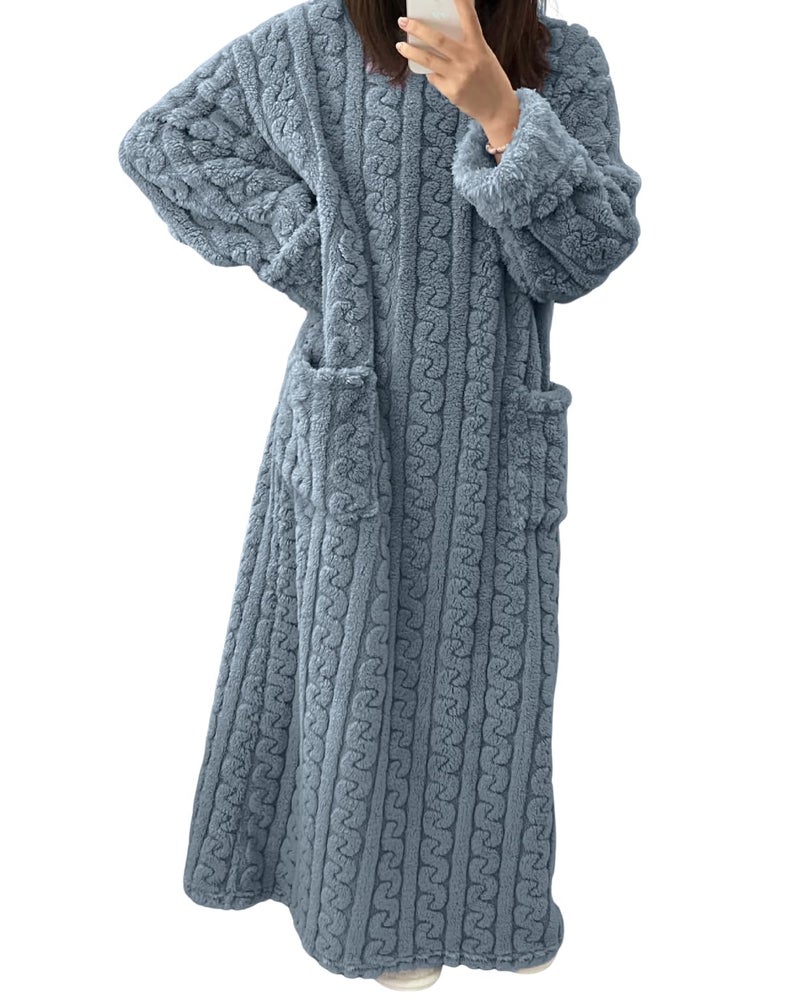 codcm Fleece Nightgown for Women Cozy Plush Long Sleeve Night Gowns Winter Warm Lounge Dress(Navy,Large) - Image 1