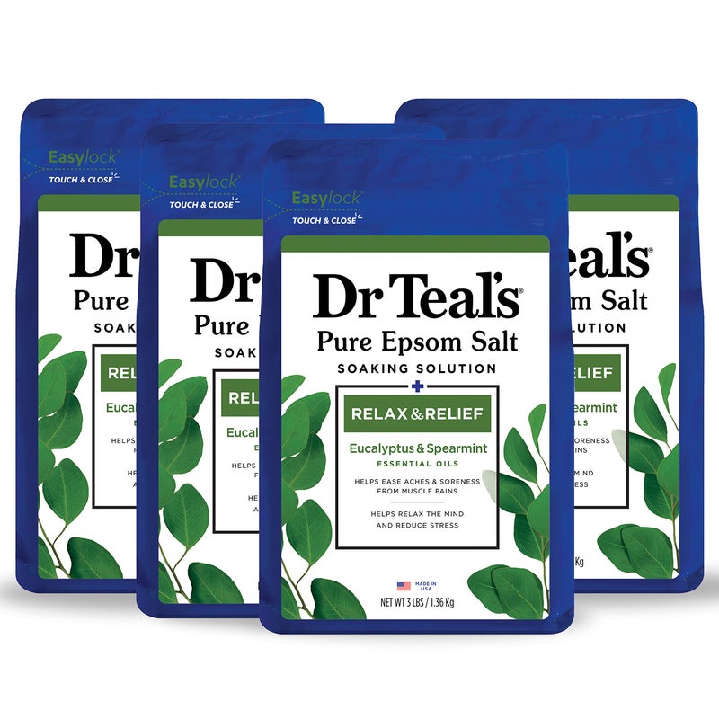 Dr Teal's Dr Teal's Epsom Magnesium Salt Soak, Relax & Relief with Eucalyptus and Spearmint, 3 lbs (Pack of 4) 