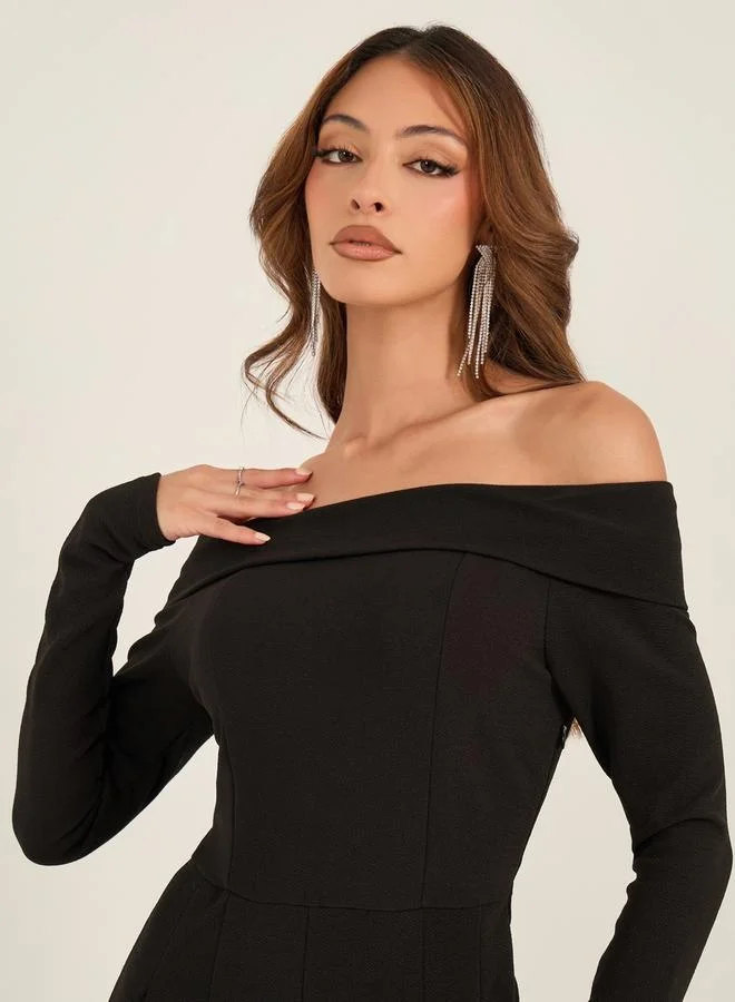 Styli Styli Solid Bardot Neckline Wide Leg Jumpsuit