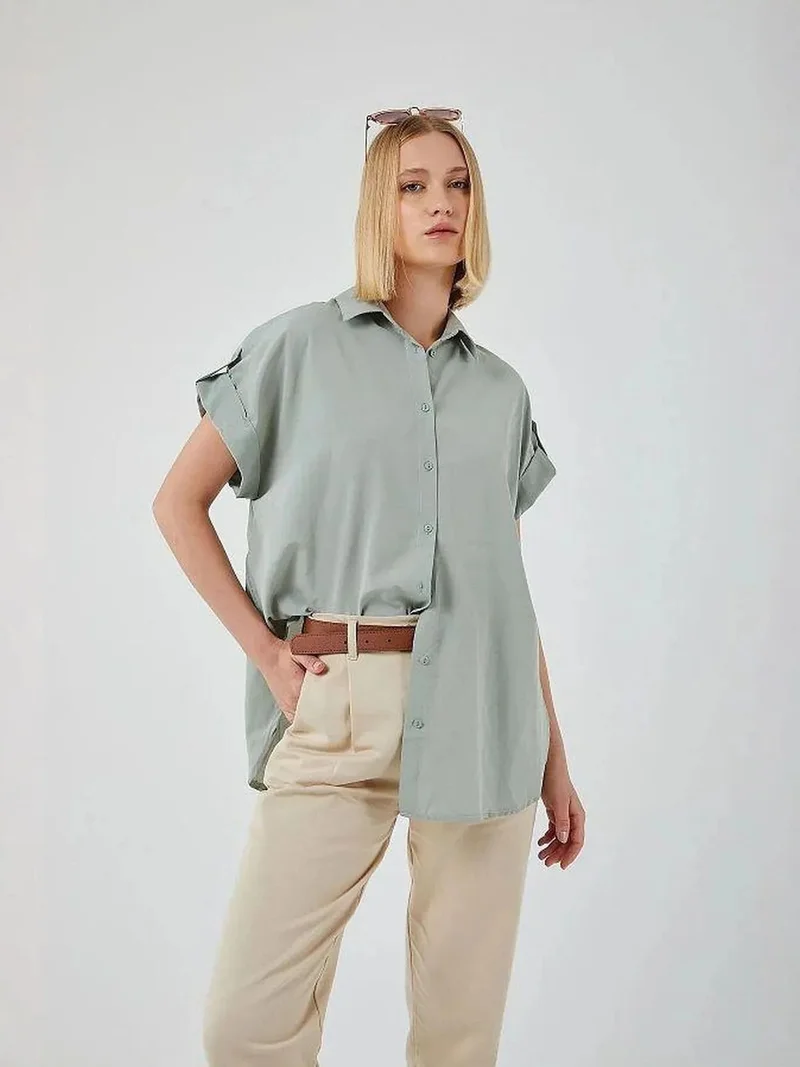 MixRay Oversized Short Sleeve Poplin Button-Up Shirt