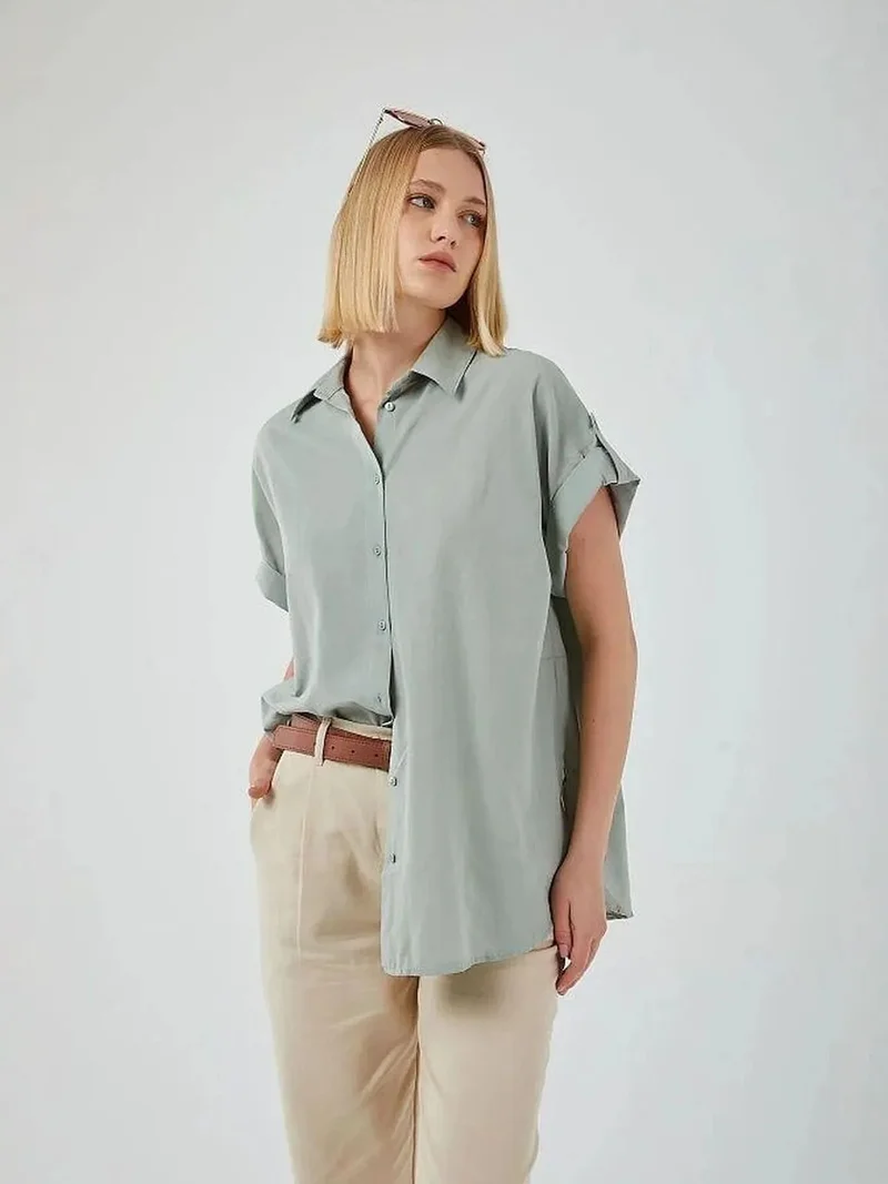 MixRay Sage Green Oversized Short Sleeve Poplin Button-Up Shirt for Women | Best Price UAE