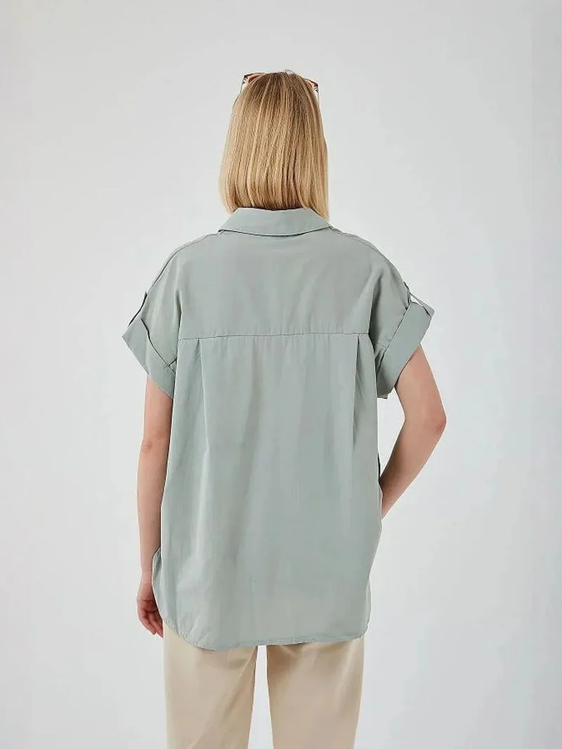 MixRay Sage Green Oversized Short Sleeve Poplin Button-Up Shirt for Women | Best Price UAE