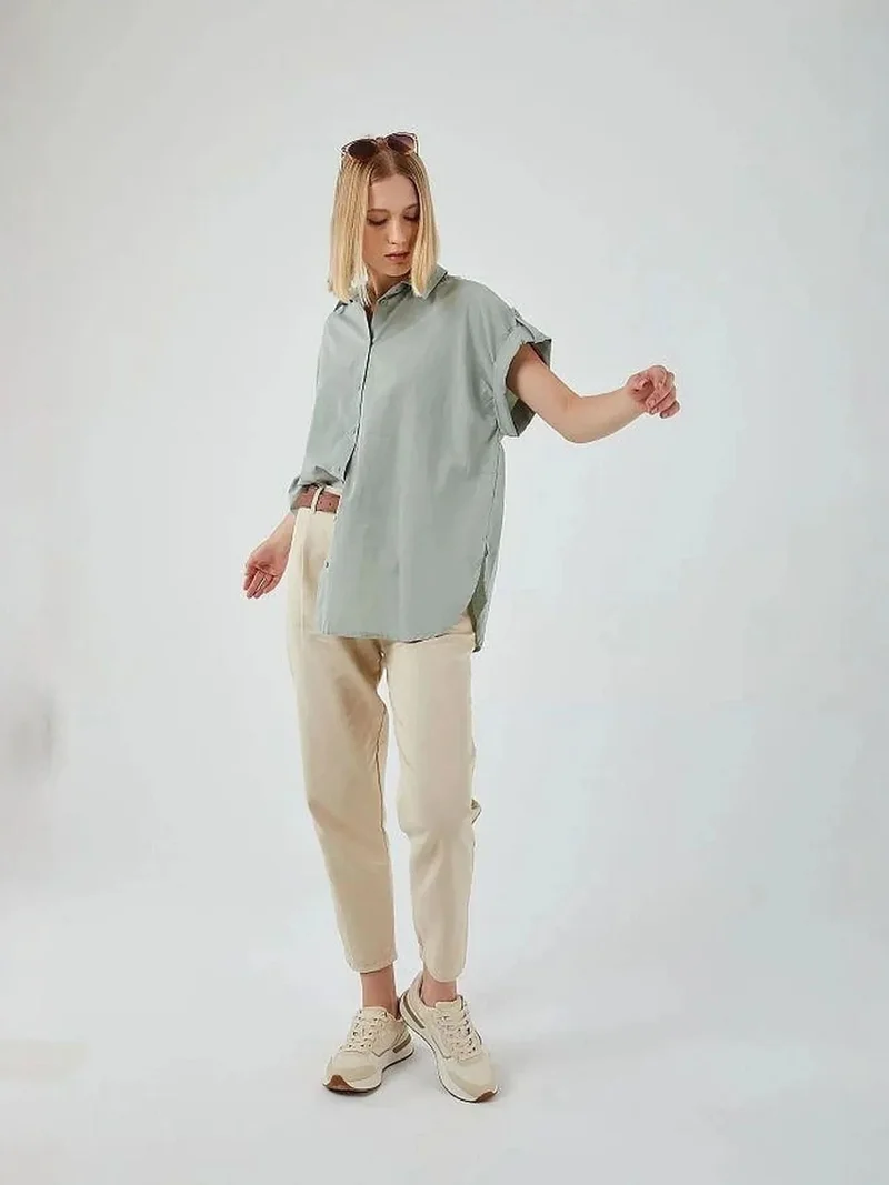 MixRay Sage Green Oversized Short Sleeve Poplin Button-Up Shirt for Women | Best Price UAE