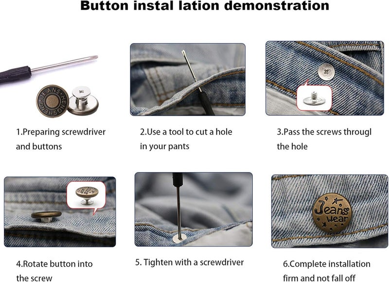 10 metal jeans sewing buttons, 17 mm, seamless, nail-free, removable, replacement threaded repair buttons, rivets and screwdrivers - Image 4