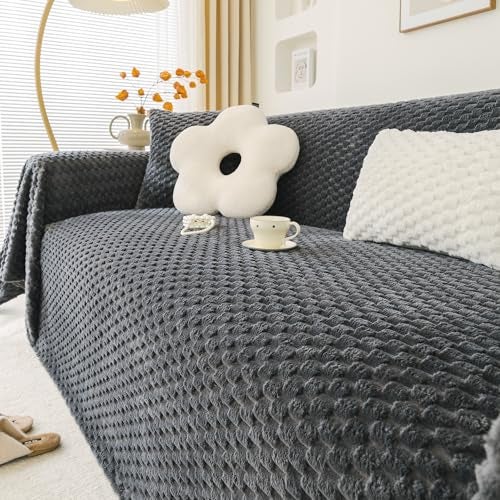 HOKIPO faux fur Luxury Rabbit Plush Sofa Throw, Sofa Cover for 3 Seater Sofa, 180(D) x 310(L) cm, Charcoal Grey (AR-5084-DGRY) - Image 2