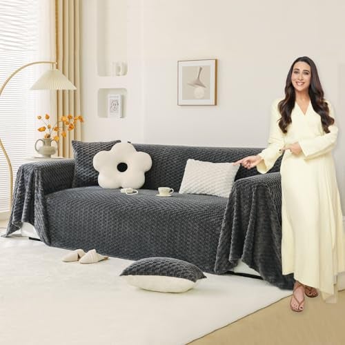 HOKIPO faux fur Luxury Rabbit Plush Sofa Throw, Sofa Cover for 3 Seater Sofa, 180(D) x 310(L) cm, Charcoal Grey (AR-5084-DGRY) - Image 1