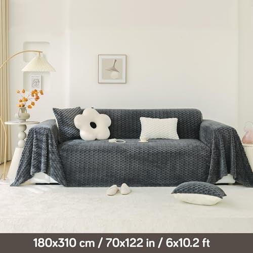 HOKIPO faux fur Luxury Rabbit Plush Sofa Throw, Sofa Cover for 3 Seater Sofa, 180(D) x 310(L) cm, Charcoal Grey (AR-5084-DGRY) - Image 3