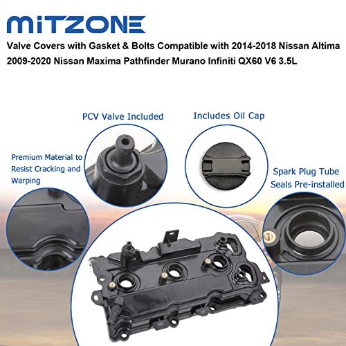 MITZONE MITZOEN Valve Covers with Gasket & Bolts Compatible with 2014-2018 Nissan Altima 2009-2020 Nissan Maxima Pathfinder Murano Infiniti QX60 V6 3.5L Replace # 13264-9N00A 13264-9N00B - Image 5