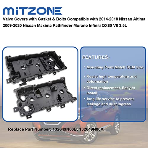 MITZONE MITZOEN Valve Covers with Gasket & Bolts Compatible with 2014-2018 Nissan Altima 2009-2020 Nissan Maxima Pathfinder Murano Infiniti QX60 V6 3.5L Replace # 13264-9N00A 13264-9N00B - Image 4