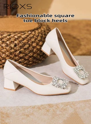 Women's Heeled Pumps, Classic Square Closed Toe Pumps for Women, 5cm Chunky Block Heels, Shiny Rhinestone Wedding Evening Shoes for Bride, Low Heeled Dress Shoes, PU Leather Slip-on Pumps, Ladies Comfortable Work Shoes, Elegant Gorgeous Heeled Shoes, Lightweight Non-slip Heels for Business, Interviews, Parties, Dating and Daily, Beige Pumps - view 3