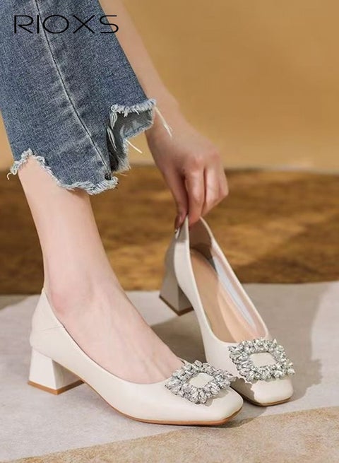 Women's Square Closed Toe Pumps, Shiny Rhinestone Low Chunky Block Heeled Dress Shoes, Comfortable PU Leather Slip-on Low Heel Work Shoes, Lightweight Non-slip Heels for Work, Business, Interviews, Parties, Wedding, Dating and More, Beige