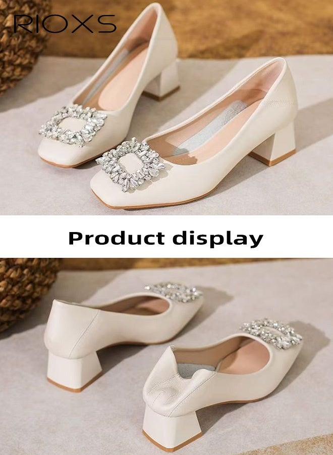 ريوكس حذاء نسائي مربع مغلق من الأمام، حذاء رسمي برقبة منخفضة وكعب سميك لامع مرصع بالكريستال، حذاء عمل مريح من الجلد الصناعي بسهولة ارتداء وكعب منخفض، كعب خفيف الوزن ومقاوم للانزلاق للعمل، الأعمال، المقابلات، الحفلات، حفلات الزفاف، المواعيد الغرامية والمزيد، لون بيج - Image 4