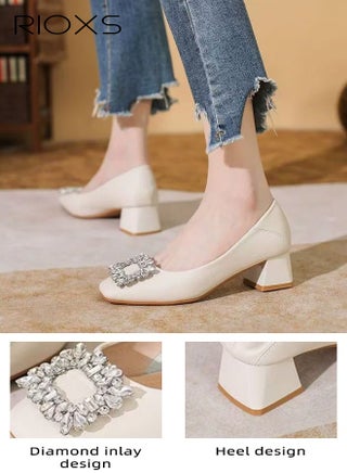 Women's Heeled Pumps, Classic Square Closed Toe Pumps for Women, 5cm Chunky Block Heels, Shiny Rhinestone Wedding Evening Shoes for Bride, Low Heeled Dress Shoes, PU Leather Slip-on Pumps, Ladies Comfortable Work Shoes, Elegant Gorgeous Heeled Shoes, Lightweight Non-slip Heels for Business, Interviews, Parties, Dating and Daily, Beige Pumps - view 5