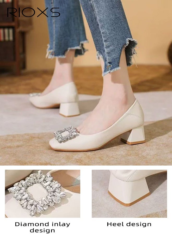 ريوكس حذاء نسائي مربع مغلق من الأمام، حذاء رسمي برقبة منخفضة وكعب سميك لامع مرصع بالكريستال، حذاء عمل مريح من الجلد الصناعي بسهولة ارتداء وكعب منخفض، كعب خفيف الوزن ومقاوم للانزلاق للعمل، الأعمال، المقابلات، الحفلات، حفلات الزفاف، المواعيد الغرامية والمزيد، لون بيج - Image 5