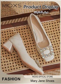 RIOXS Low Heel Court Shoes with Squared-off Toe, Shiny Rhinestone Chunky Heel Shoes, Classic Versatile Closed-toe Chunky Heel Shoes with Non-slip Rubber Outsole and Soft Insole, Perfect for Elevating Your Status at Work, Parties, Interviews, Weddings and More  - Image 3