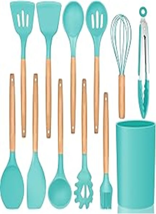 E-far Kitchen Utensils Set of 12, E-far Silicone Cooking Utensils with Holder, Non-stick Cookware Friendly & Heat Resistant, Includes Spatula Tong Whisk Ladle Brush Slotted Turner Spoon(Turquoise) 