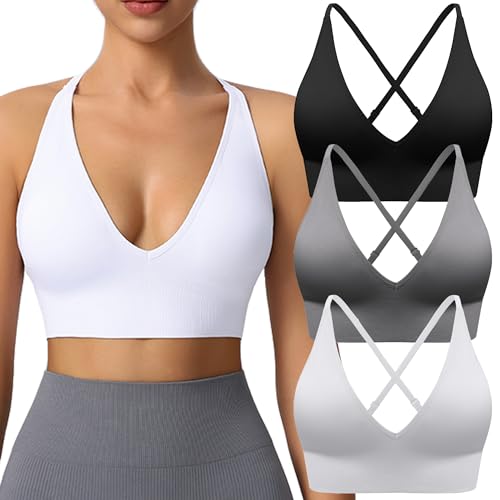 Evercute Women's Sports Bras Adjustable Deep V Neck Bras Wireless Spaghetti Strap Criss Cross Padded Seamless Low Support Sexy Everyday Bras, Medium, Black White Gray 3 Pack - Image 1