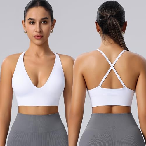Evercute Women's Sports Bras Adjustable Deep V Neck Bras Wireless Spaghetti Strap Criss Cross Padded Seamless Low Support Sexy Everyday Bras, Medium, Black White Gray 3 Pack - Image 2