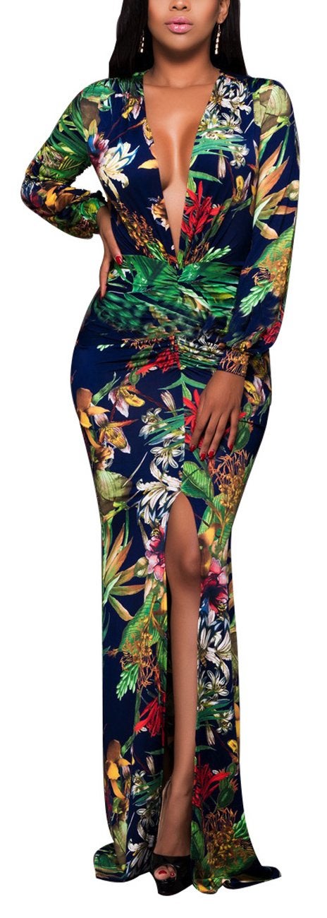 sexycherry Elegant Floral Formal Dresses for Women Sexy Bodycon V Neck Cocktail Floor Length Prom Long Dress for Evening Party(Large) Flower - Image 4