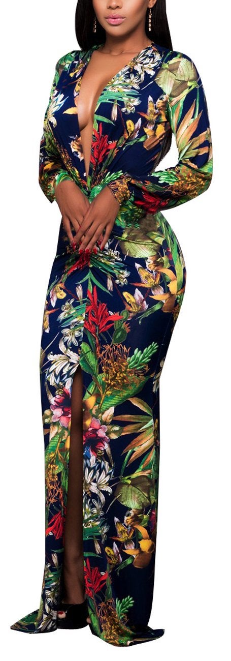 sexycherry Elegant Floral Formal Dresses for Women Sexy Bodycon V Neck Cocktail Floor Length Prom Long Dress for Evening Party(Large) Flower - Image 2