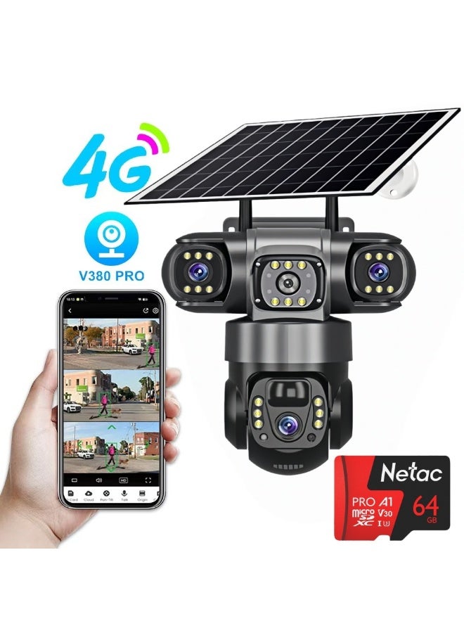 ريد ليف كاميرا مراقبة شمسية بثلاث عدسات، كاميرا خارجية PTZ بزاوية 360 درجة، لاسلكية 4G/WiFi، رؤية ليلية كاملة الألوان، كشف الأشخاص، صوت ثنائي الاتجاه، مقاومة للماء IP66. - Image 1