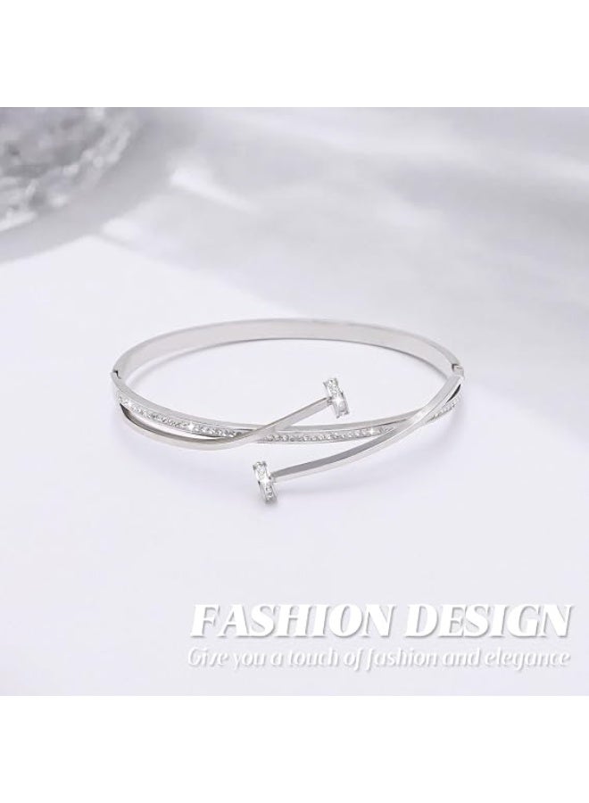 18K Gold Plated Oval Bangle Cuff Bracelet for Women, Elegant Simple Adjustable Cubic Zirconia Jewelry Gift, Trendy Minimalist Wristband for Daily & Party Wear - Image 5