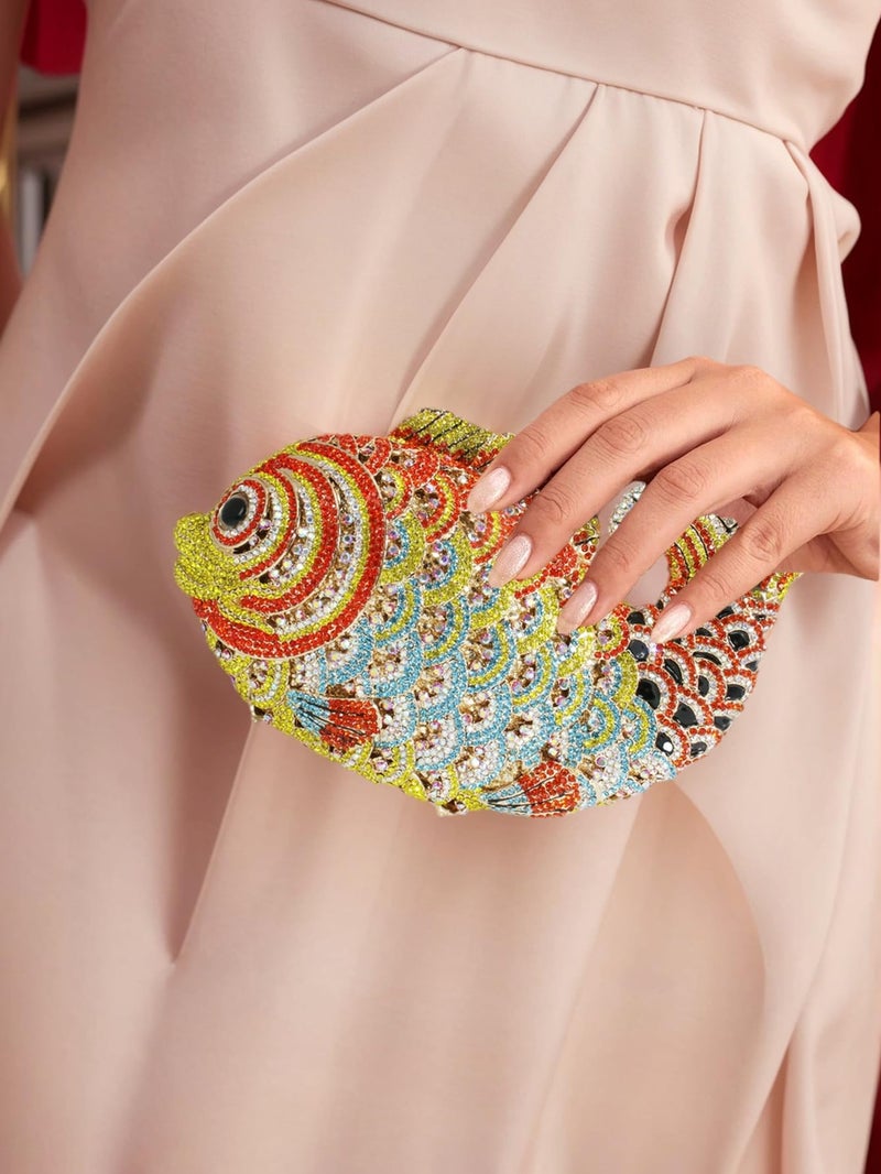 Tngan Women Mini Fish Clutch Luxury Rhinestones Purse Sparkling Banquet Handbag Wedding Party Clutch Bag, Multicolor Yellow 2 - Image 3