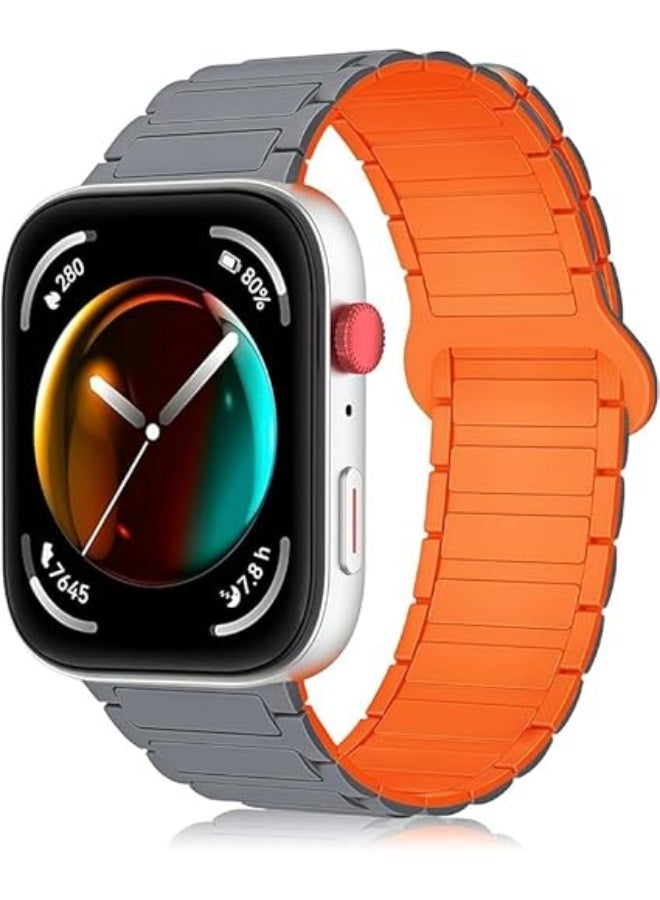 Magnetic Strap for Huawei Watch Fit 4 Pro/Fit4/Fit 3 Replacement Straps Strong Silicone, Easy to Wear, Waterproof, Sporty, Daily Wear Watchbands for Men and Women (Gray | Orange) - Image 1