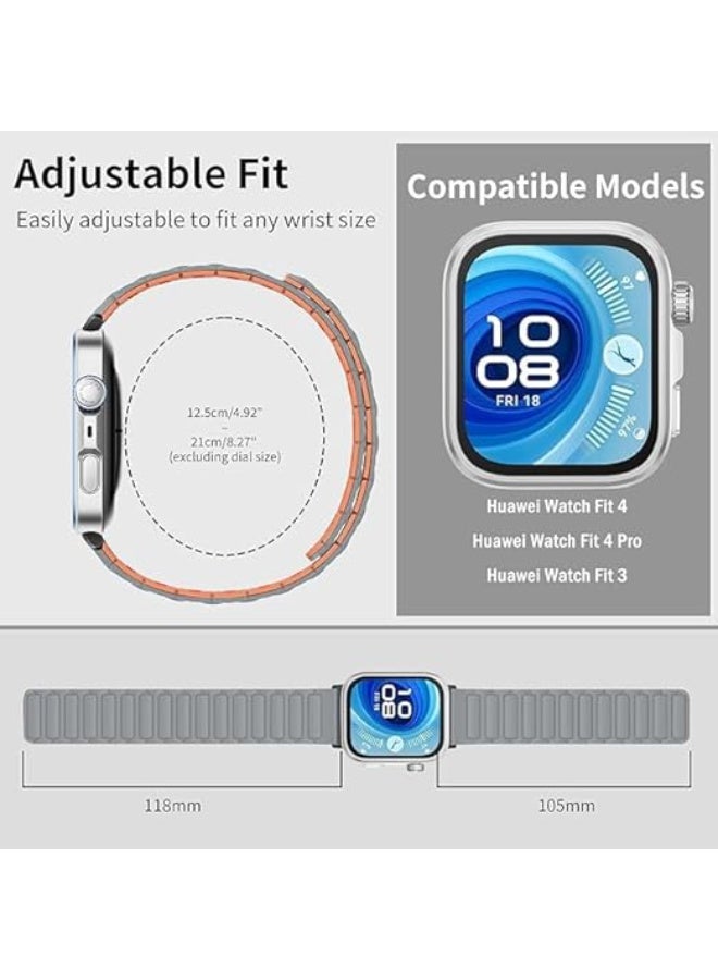 Magnetic Strap for Huawei Watch Fit 4 Pro/Fit4/Fit 3 Replacement Straps Strong Silicone, Easy to Wear, Waterproof, Sporty, Daily Wear Watchbands for Men and Women (Gray | Orange) - Image 2