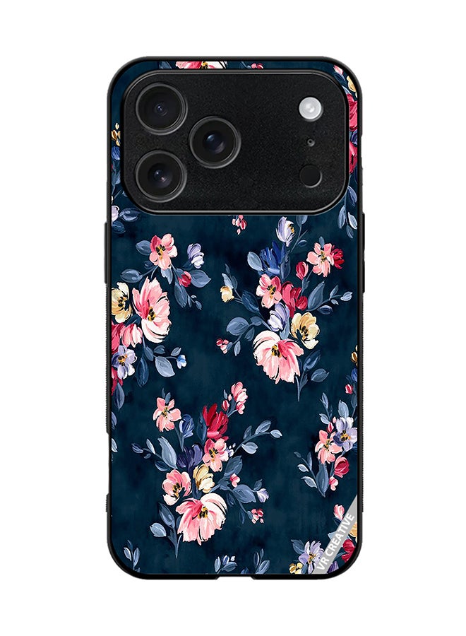 VR CREATIVE Protective Case Cover For Apple iPhone 17 Pro A Navy Floral Print With Brightly Coloured Pink And Yellow Flowers On It Design Multicolour