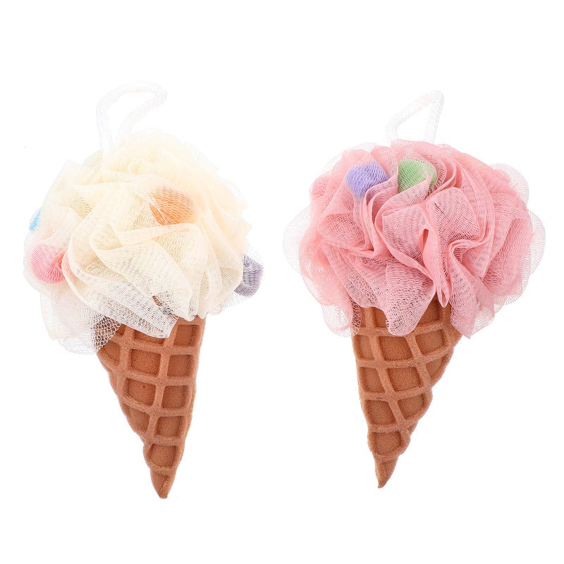 2Pcs Ice Cream Shaped Loofah Sponge Bath Ball White And Pink Body Exfoliation Shower Sponge - Image 2