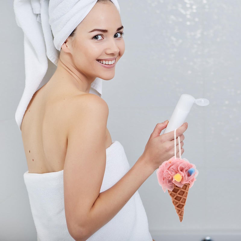 2Pcs Ice Cream Shaped Loofah Sponge Bath Ball White And Pink Body Exfoliation Shower Sponge - Image 5