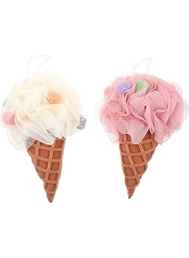 2Pcs Ice Cream Shaped Loofah Sponge Bath Ball White And Pink Body Exfoliation Shower Sponge - Image 1