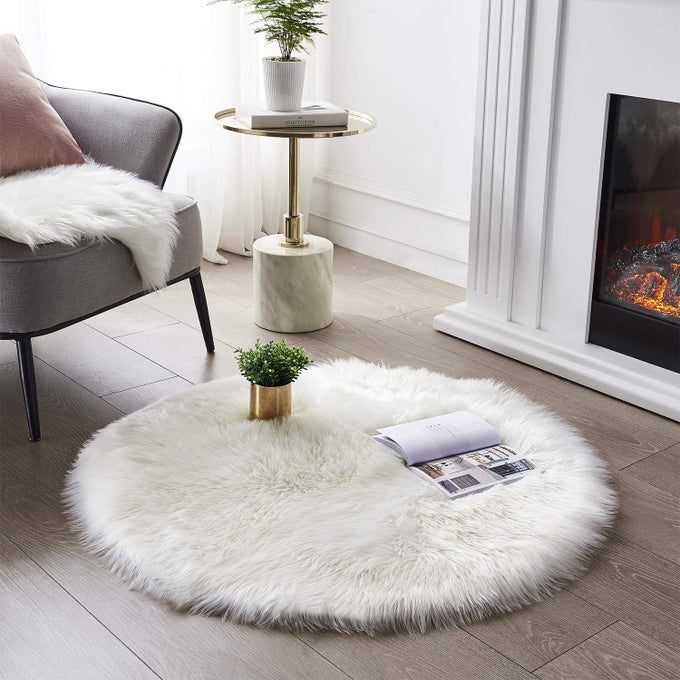 SOFT ROUND FAUX SHEEPSKIN FUR RUG WHITE CIRCLE RUG CIRCULAR FLUFFY AREA RUG PLUSH CIRCLE CARPET PLAY MATS FOR KIDS GIRLS ROOM PRINCESS CASTLE CHRISTMAS 3FT DIAMETER