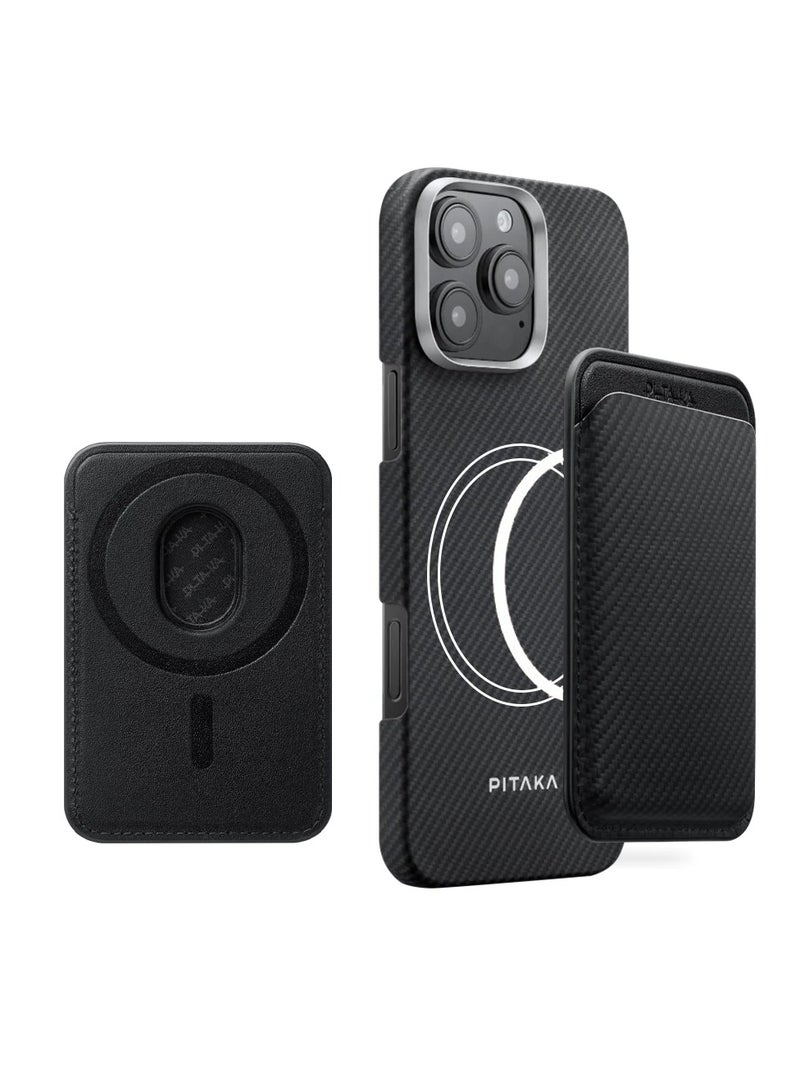 Pitaka Magnetic Woven Wallet, MagSafe Card Holder for iPhone 15/14/13/12 Series, Ultra-Slim Lightweight Woven Design, Strong Magnetic Attachment, Stylish RFID Blocking Card Wallet (1-2 Cards), Black Grey - Image 1