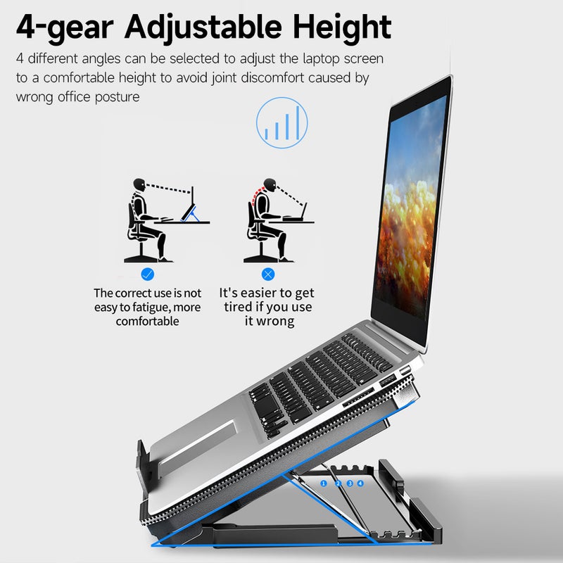 Laptop Cooling Stand: Black Metal Surface With 2 High-Speed Turbo Fans - Low Noise Adjustable 4-Angle Laptop Cooler With Dual USB Ports for Laptops Below 17 Inch, Office & Home Use - Image 3