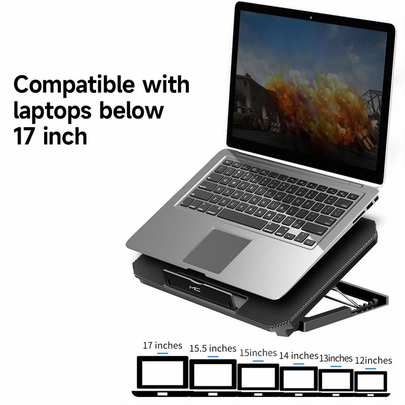 Laptop Cooling Stand: Black Metal Surface With 2 High-Speed Turbo Fans - Low Noise Adjustable 4-Angle Laptop Cooler With Dual USB Ports for Laptops Below 17 Inch, Office & Home Use - Image 4