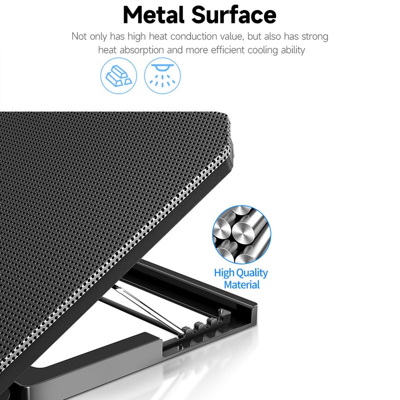 Laptop Cooling Stand: Black Metal Surface With 2 High-Speed Turbo Fans - Low Noise Adjustable 4-Angle Laptop Cooler With Dual USB Ports for Laptops Below 17 Inch, Office & Home Use - Image 5