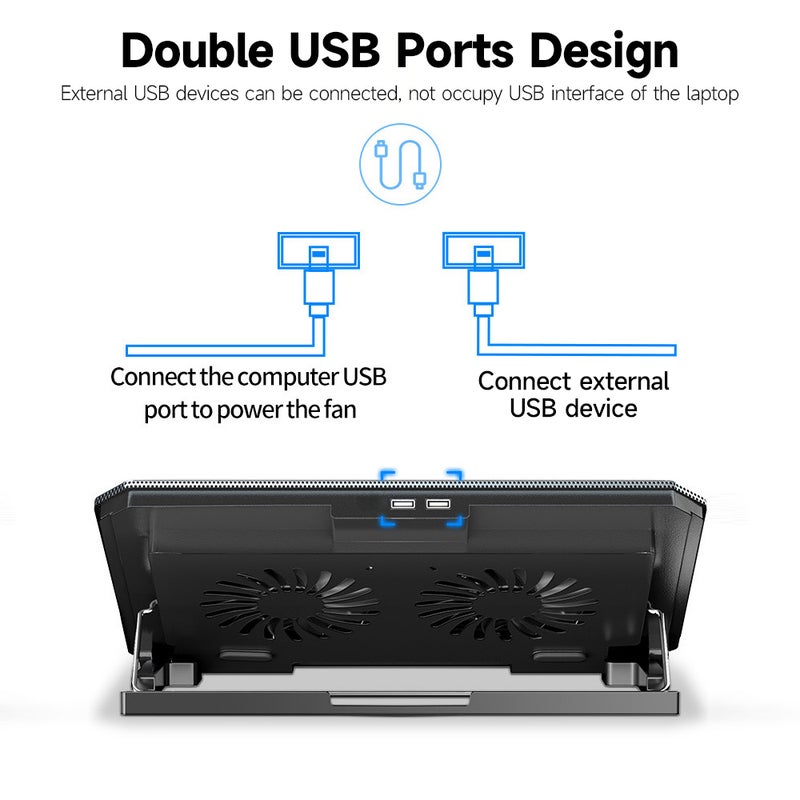 Laptop Cooling Stand: Black Metal Surface With 2 High-Speed Turbo Fans - Low Noise Adjustable 4-Angle Laptop Cooler With Dual USB Ports for Laptops Below 17 Inch, Office & Home Use - Image 2