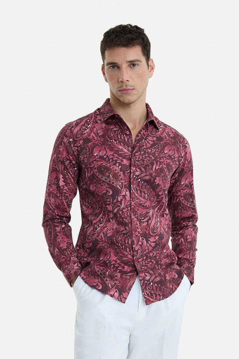 سنيتش Wine Paisley Long Sleeve Slim Fit Casual Shirt
