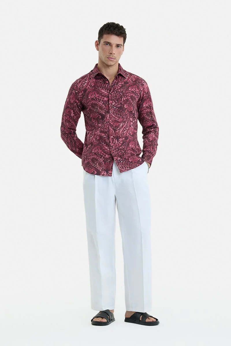 سنيتش Wine Paisley Long Sleeve Slim Fit Casual Shirt