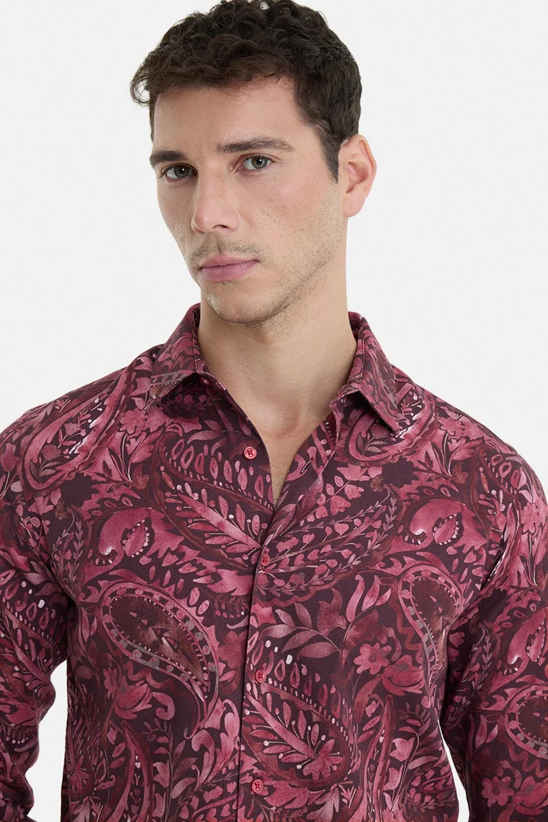 SNITCH Wine Paisley Long Sleeve Slim Fit Casual Shirt