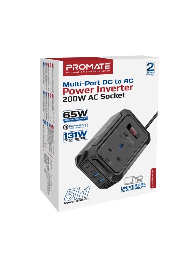 Promats Promate Inverto-200W Multi-Port Car Power Inverter – 200W DC to AC Power Converter with AC Socket, Dual USB Ports & Type-C PD Output – Portable Power Supply for Laptops, Mobile Devices & Small Appliances  - Image 2