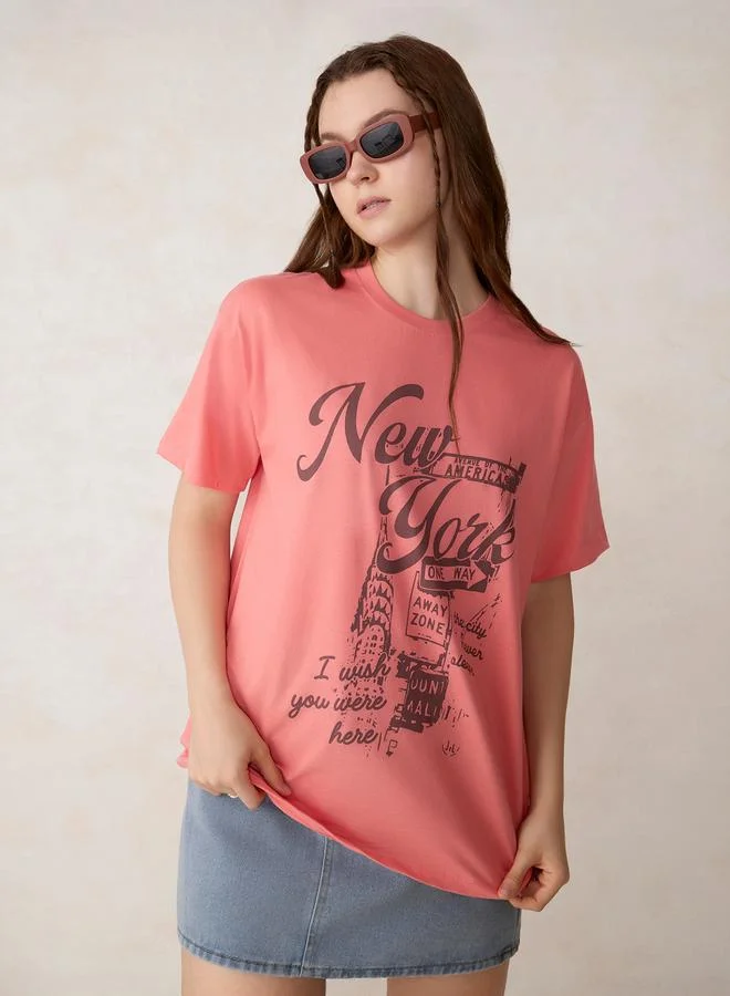 Outzidr  Pink Graphic Oversized T-Shirt - 100% Cotton for Women | Best Price UAE