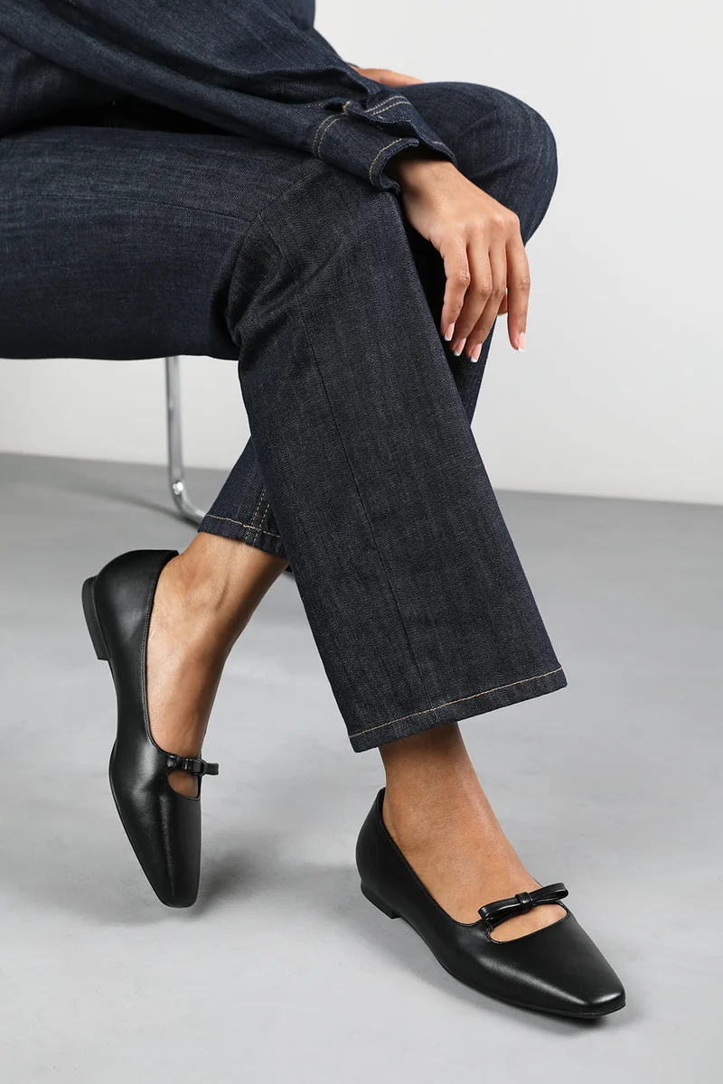 Where's That From Hope Square Toe Ballet Flats With Knot Bow In Black Faux Leather