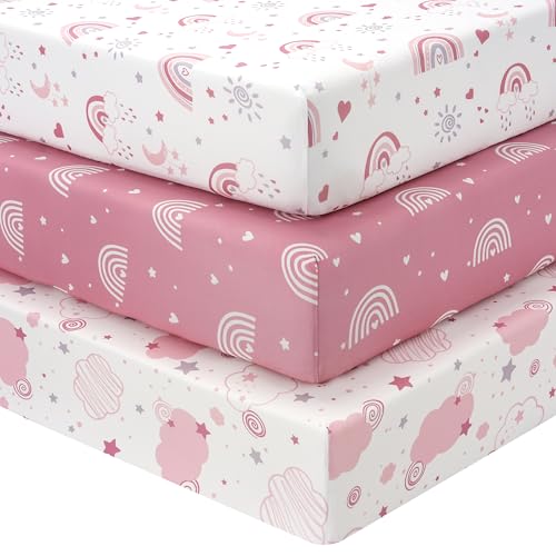 FIEMOL Baby Mini Crib Sheets Girl Portable 38x26 Pack and Play Sheets Fitted for Playard and Pack N Play Mattress 3Pack Soft Microfiber Pink Rainbow - Image 1