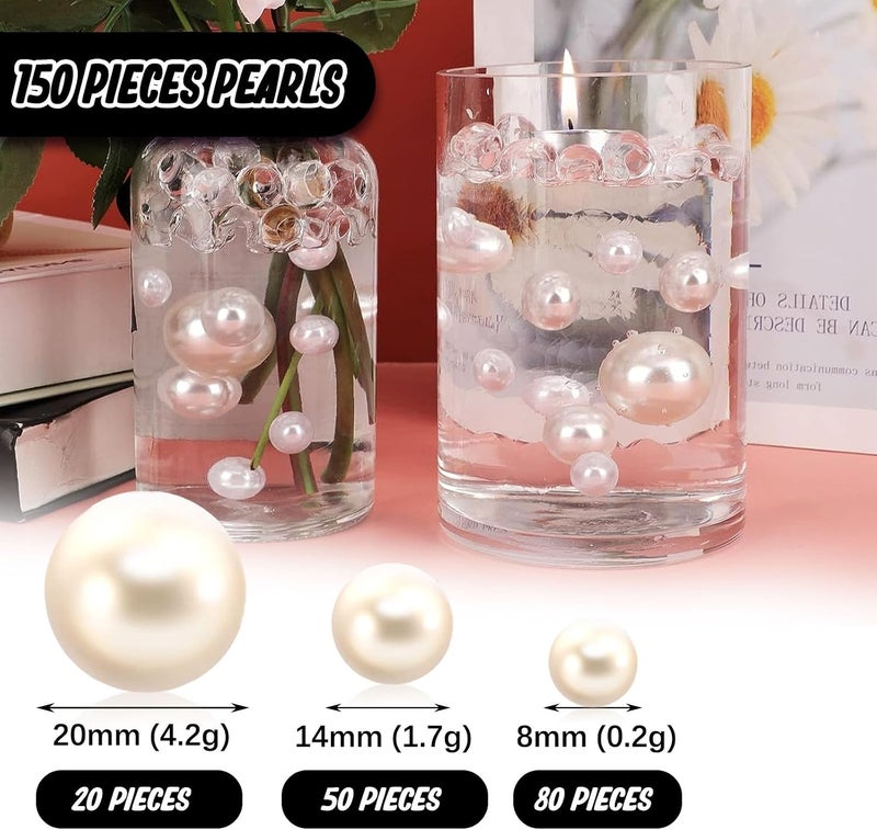 Luerbi White Floating Pearls | 150PCS White Pearls Bead for Centerpieces Vases, White No Hole Beads | 8/14/20 mm Floating Beads | White Vase Fillers, Vase Filler Pearl Party Decor - Image 2