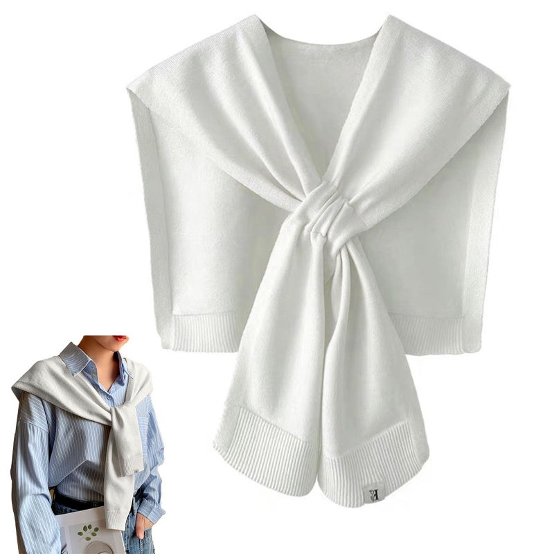 huablo Women's Fashion Sweater Knitted Knotted Shawl Sweater Office Travel Casual Scarf Cape Shoulder Wrap Shawl Faux Wrap White - Image 1